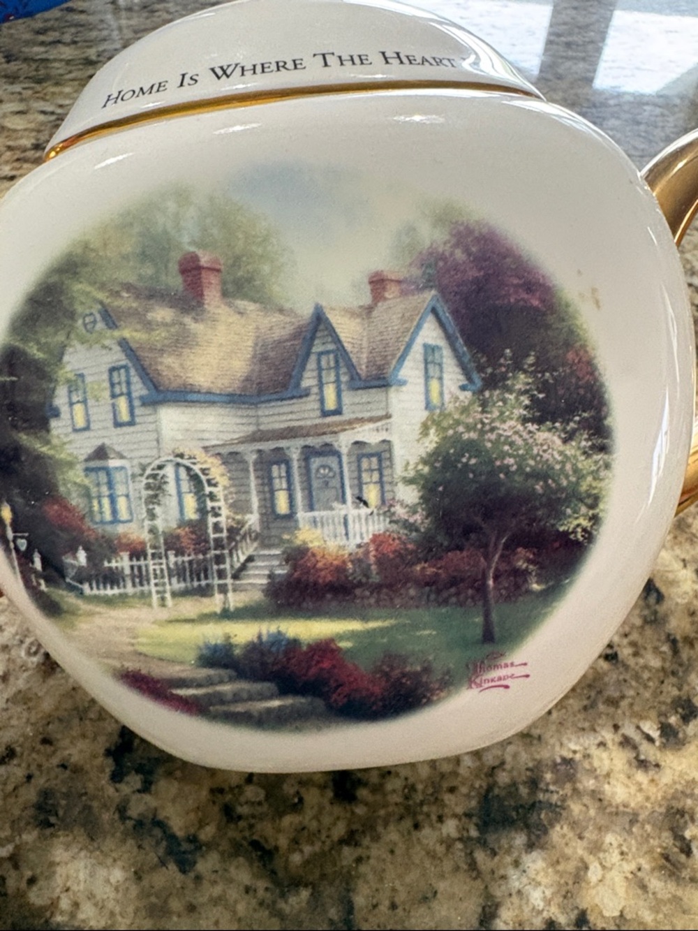 Thomas Kinkade Cottage Scene in Blue, Green, White, Gold